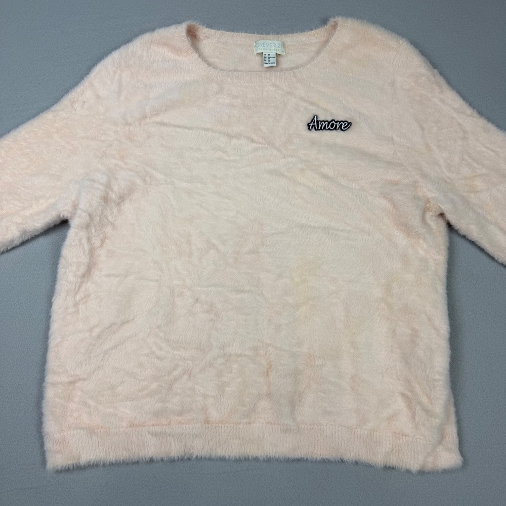 Forever‎ 21 Women's 3X Pink Fuzzy Faux Fur Eyelash Knit Sweater Amore Embroidery - Picture 2 of 10